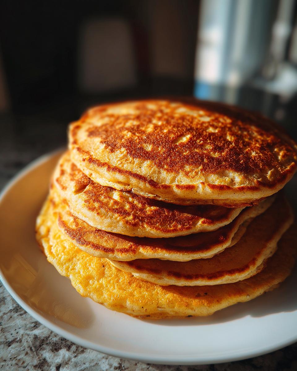 A stack of golden-brown banana oat pancakes on a white plate, ready for breakfast.
