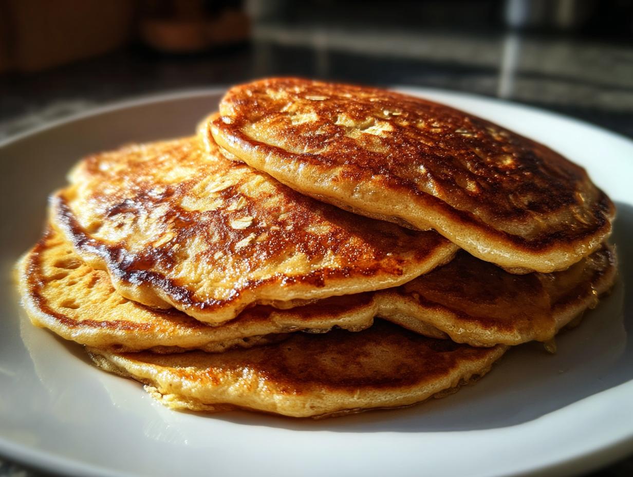 A stack of fluffy, golden-brown banana oat pancakes on a white plate, perfect for breakfast.