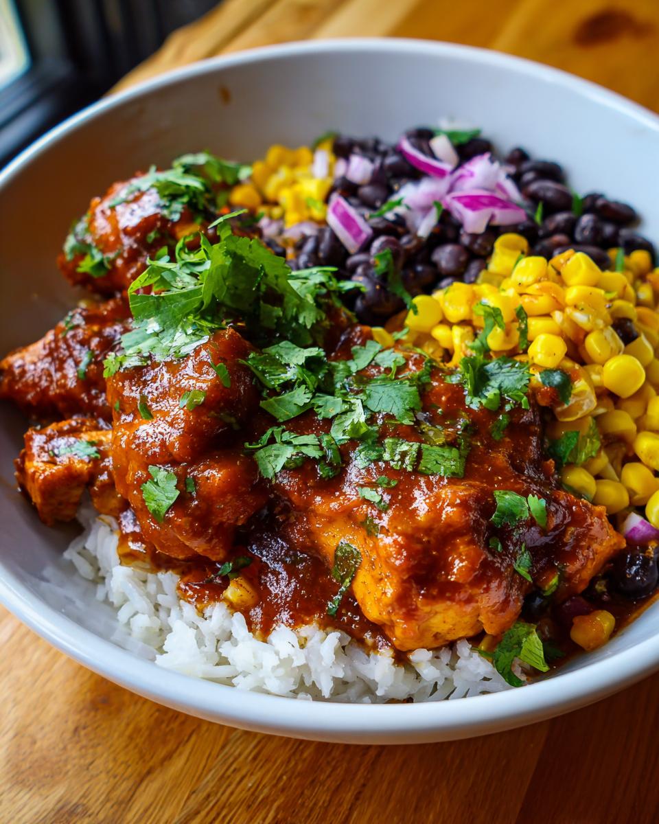 A close-up of a BBQ chicken bowl featuring tender chicken in BBQ sauce over white rice, with black beans, corn, and red onion.