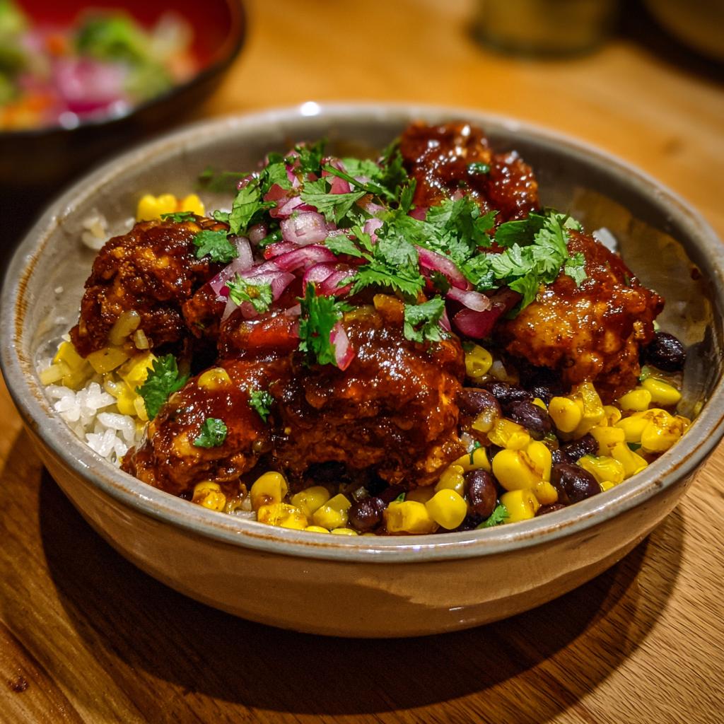 A close-up of a BBQ chicken bowl with rice, black beans, corn, and topped with red onions and cilantro.