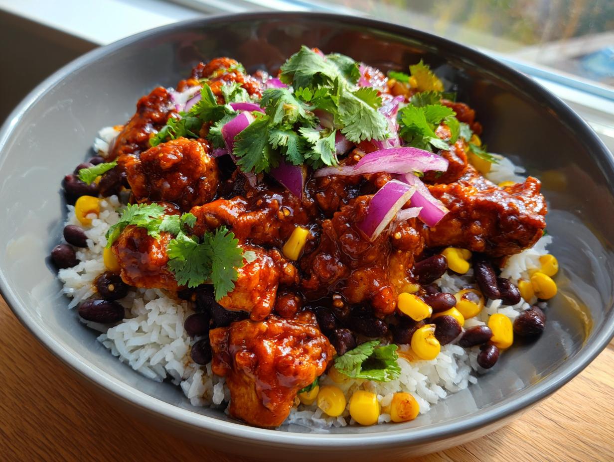 A close-up of a BBQ chicken bowl with rice, black beans, corn, red onion, and cilantro. Easy Dinner Recipes.