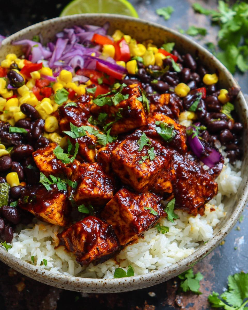Close-up of a BBQ Chicken Bowl with rice, black beans, corn, red cabbage, and cilantro.