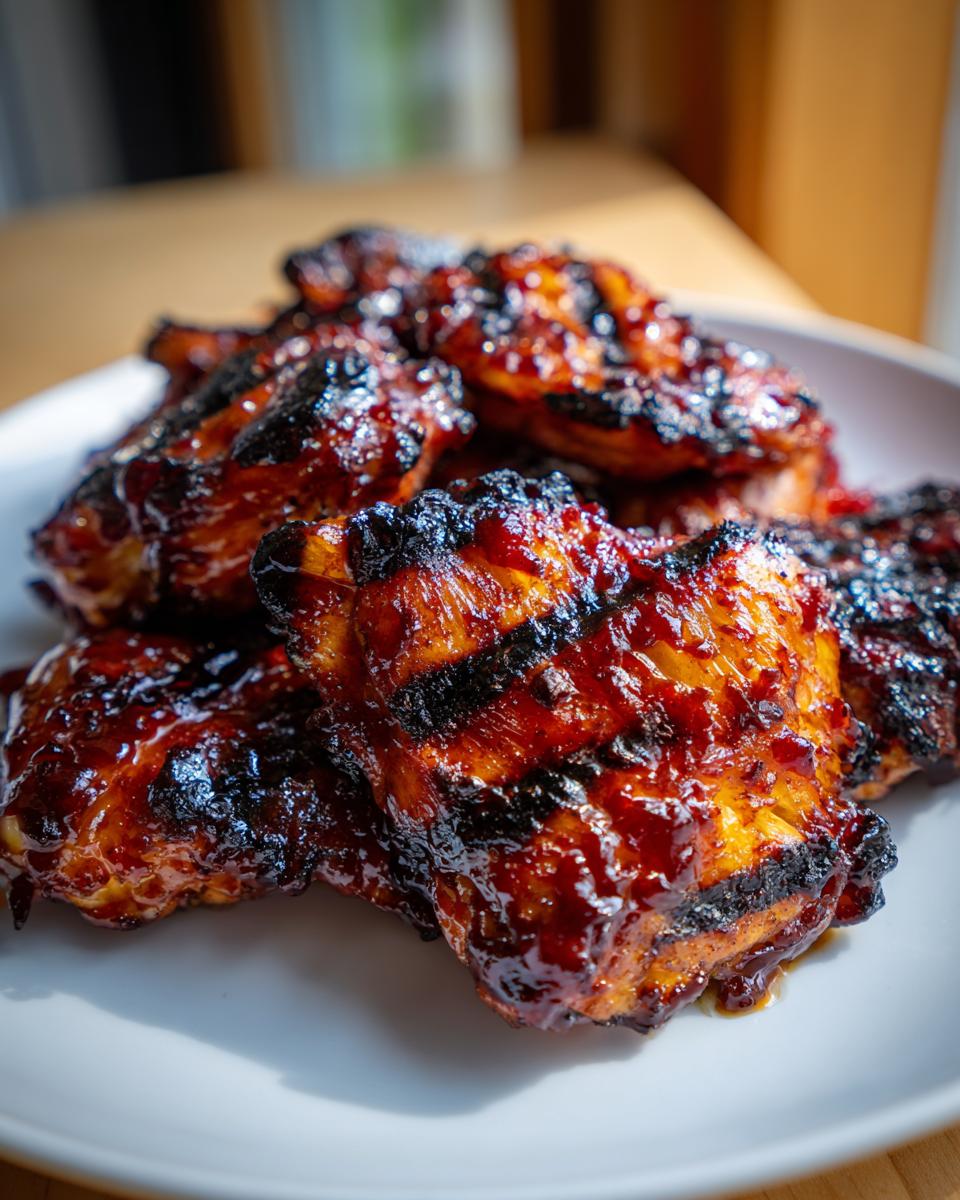 Close-up of juicy BBQ Pineapple Chicken thighs, glazed and grilled to perfection with char marks.