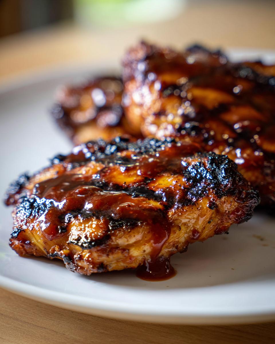 Close-up of grilled BBQ pineapple chicken with grill marks and dripping sauce.