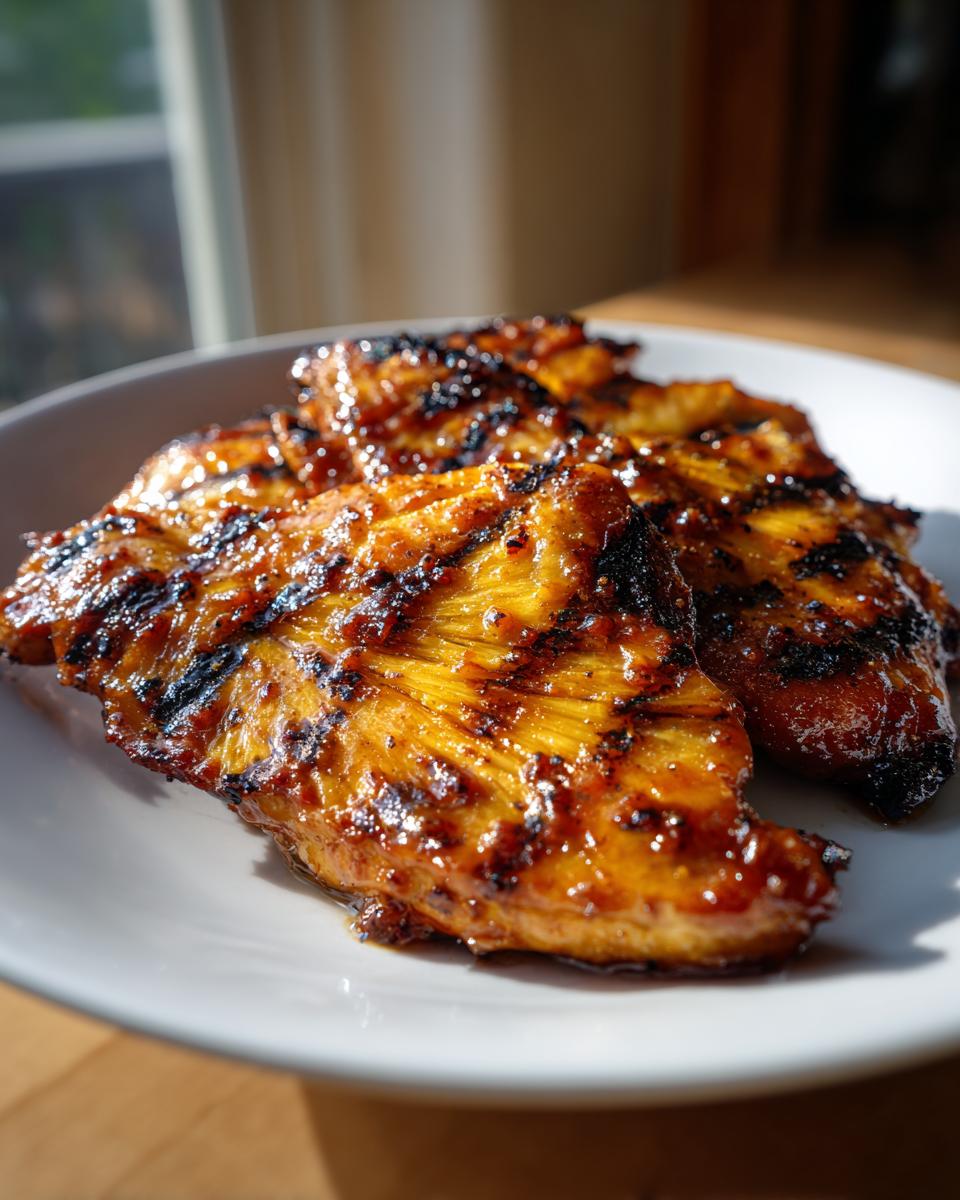 Close-up of juicy BBQ Pineapple Chicken breasts with grill marks, ready for summer grilling recipes.