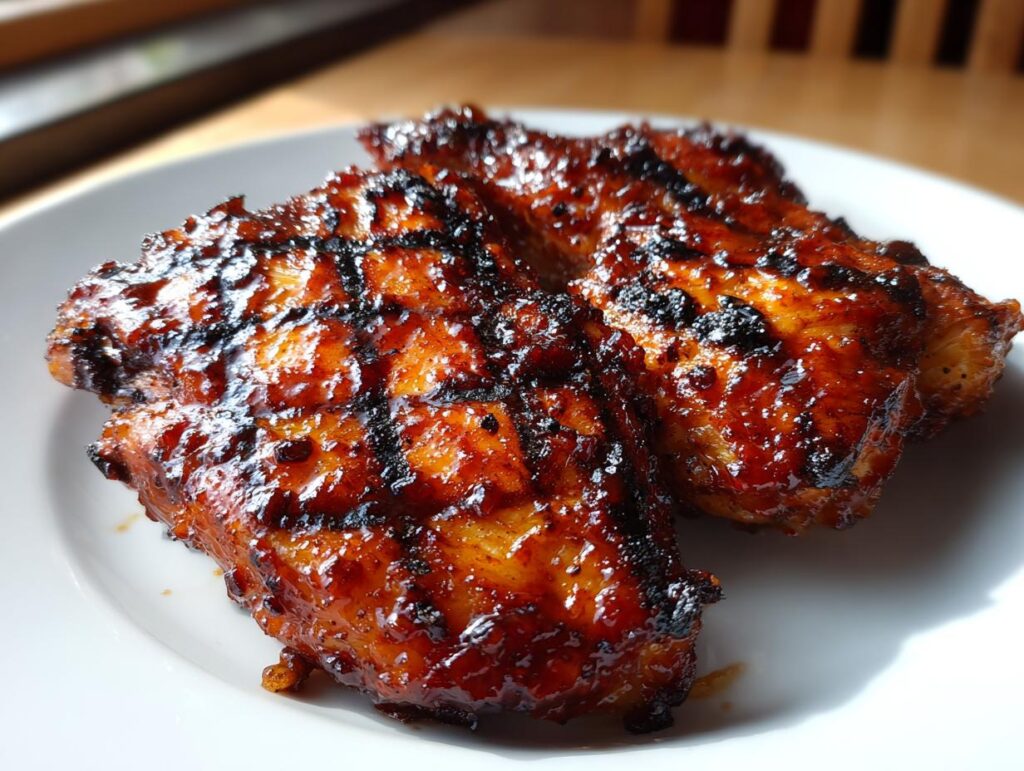 Two pieces of glistening BBQ Pineapple Chicken, fresh off the grill, served on a white plate.