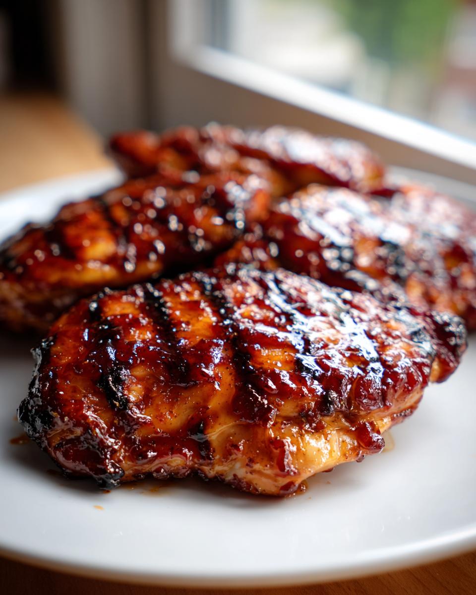 Close-up of juicy BBQ Pineapple Chicken breasts with grill marks, glazed and glistening.
