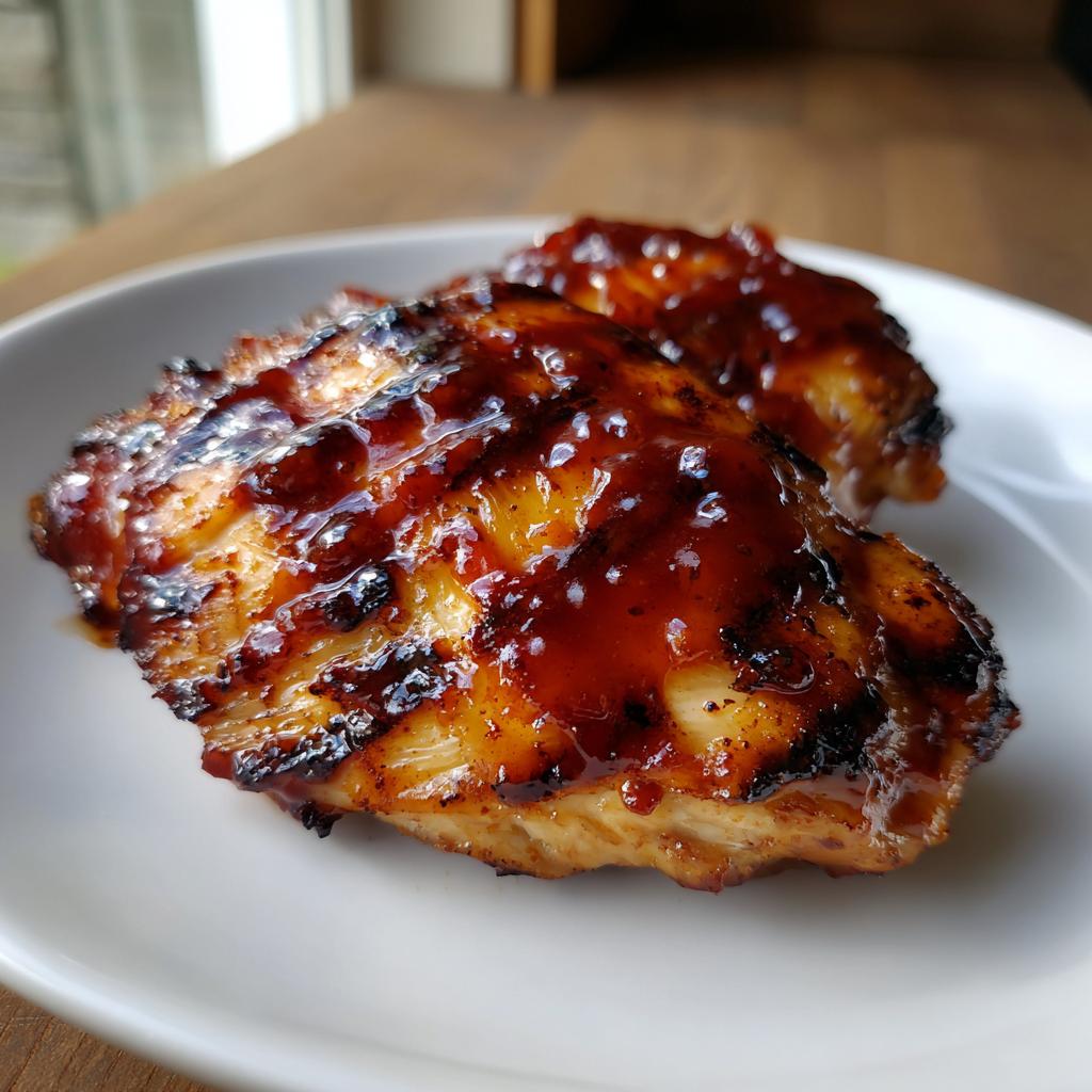 Two pieces of juicy BBQ Pineapple Chicken, glazed with a dark, sticky sauce, served on a white plate.