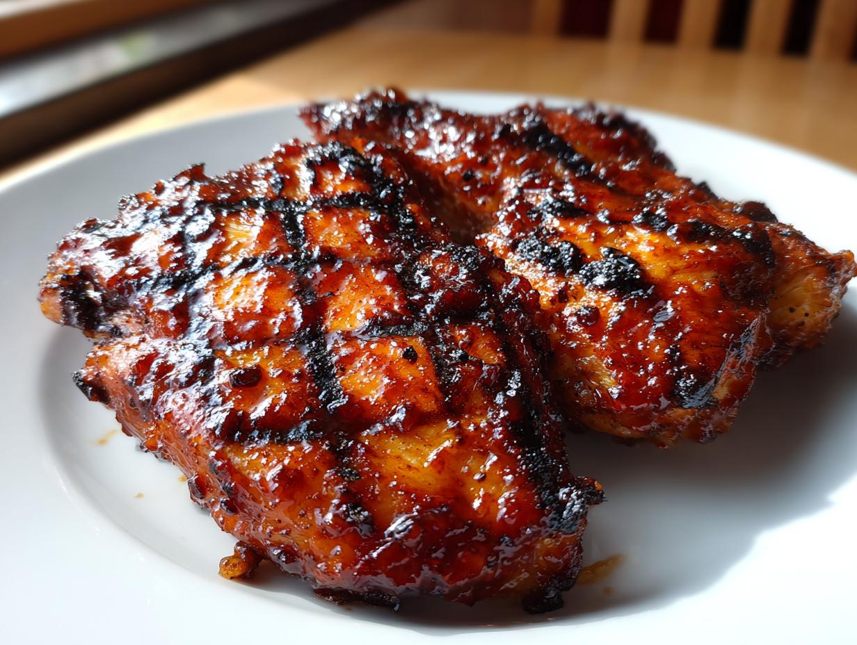 Two pieces of glistening BBQ Pineapple Chicken, fresh off the grill, served on a white plate.