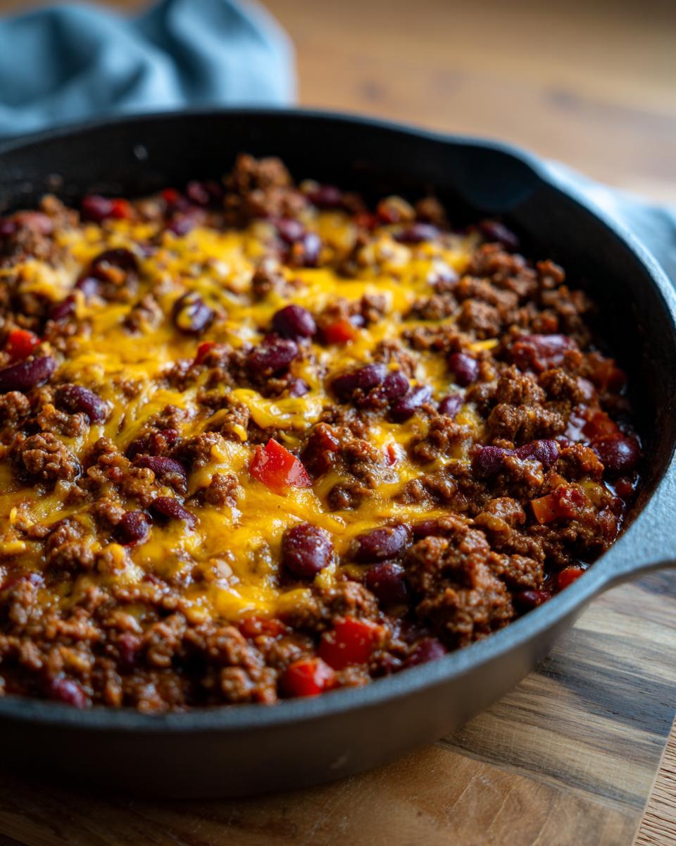 Close-up of a beef taco skillet with kidney beans, red peppers, and melted cheddar cheese.