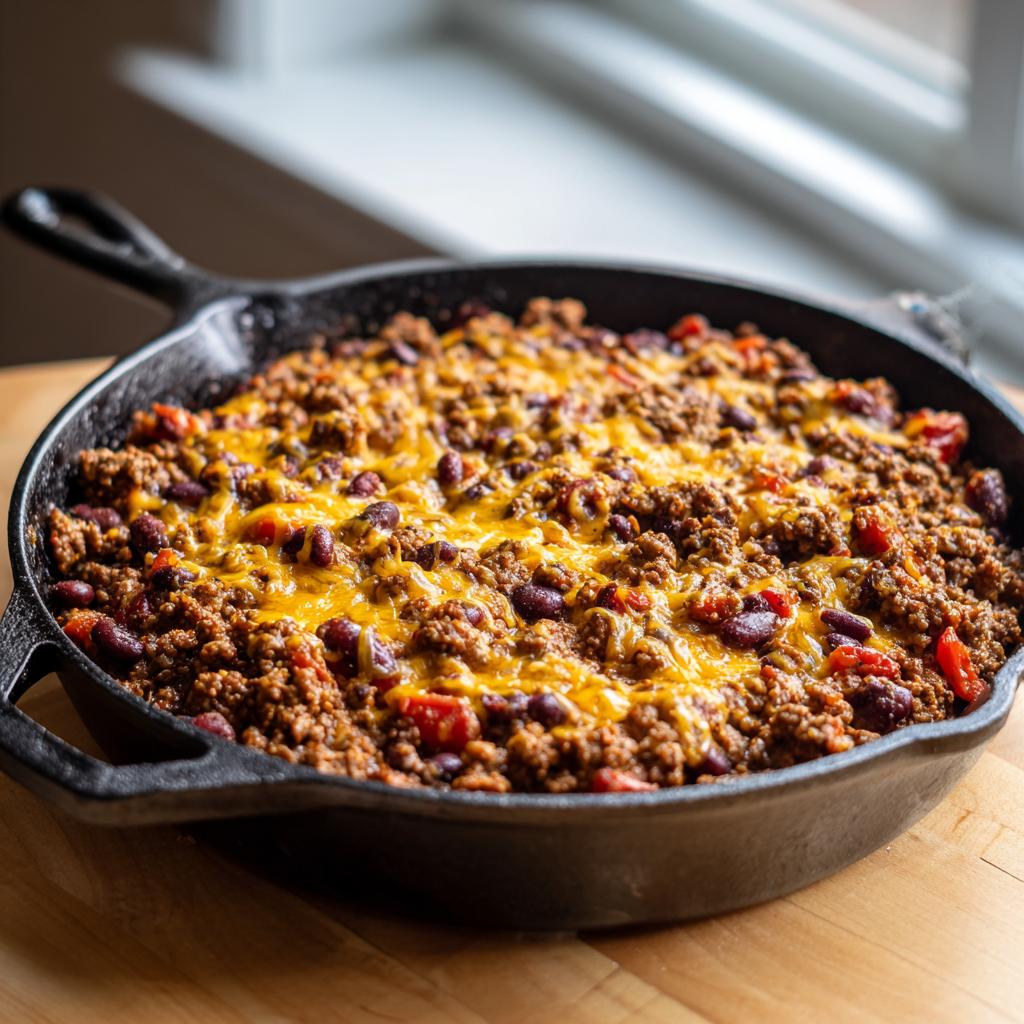 A cast iron skillet filled with a hearty beef taco mixture topped with melted cheese, perfect for easy dinner recipes.