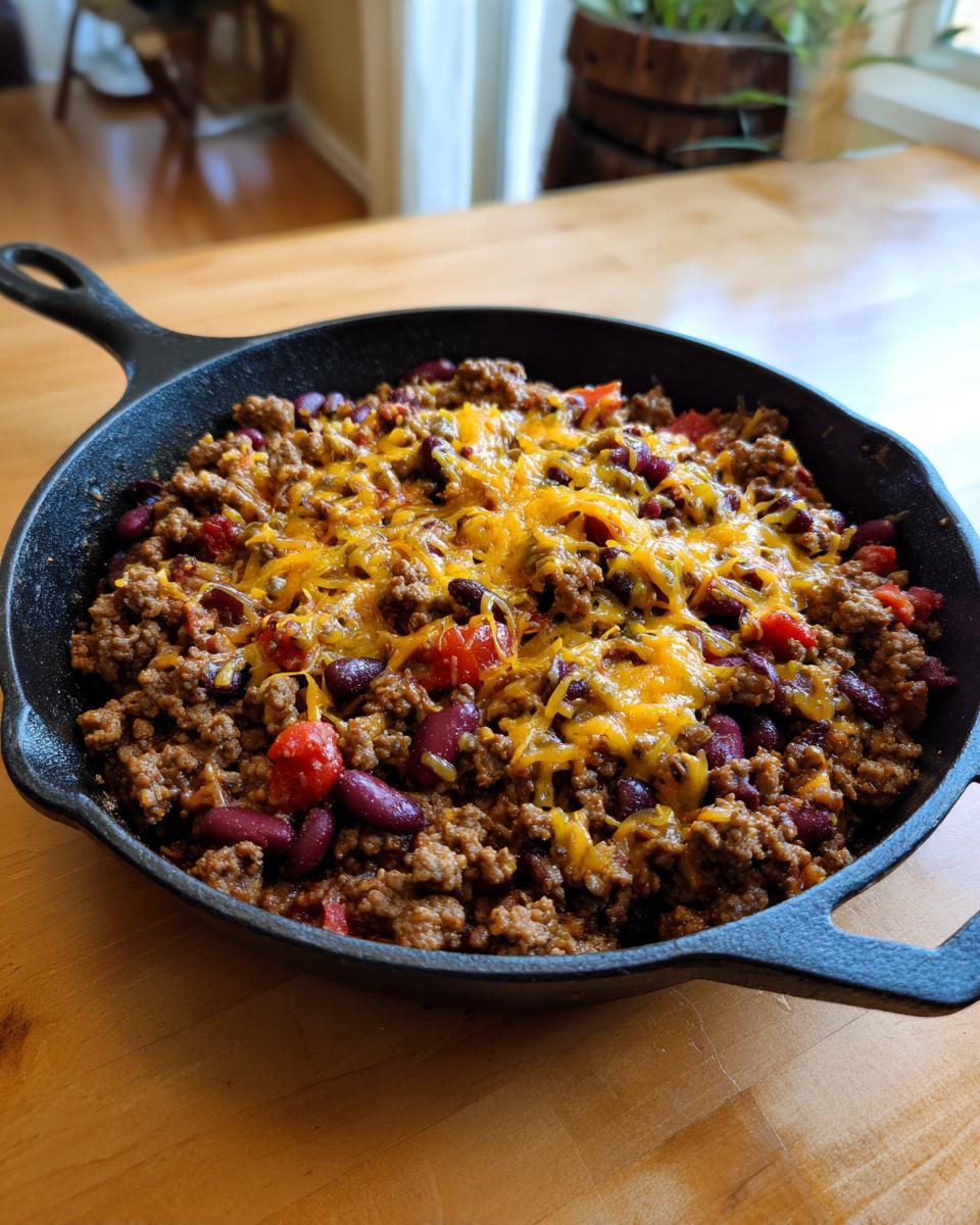 A close-up of a beef taco skillet with melted cheese, kidney beans, and tomatoes, perfect for easy dinner recipes.