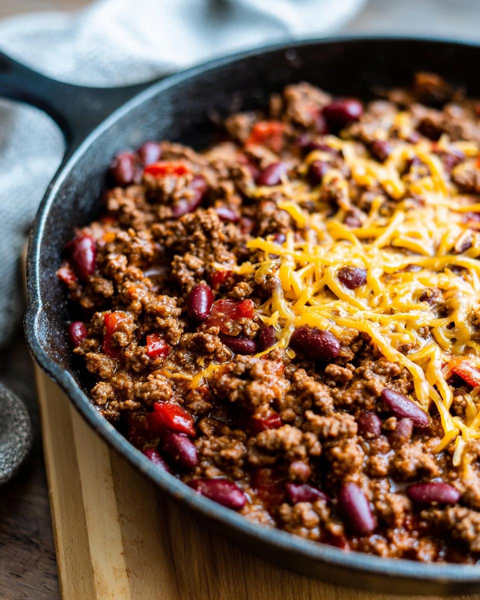 Close-up of a beef taco skillet with kidney beans and melted shredded cheese, perfect for easy dinner recipes.