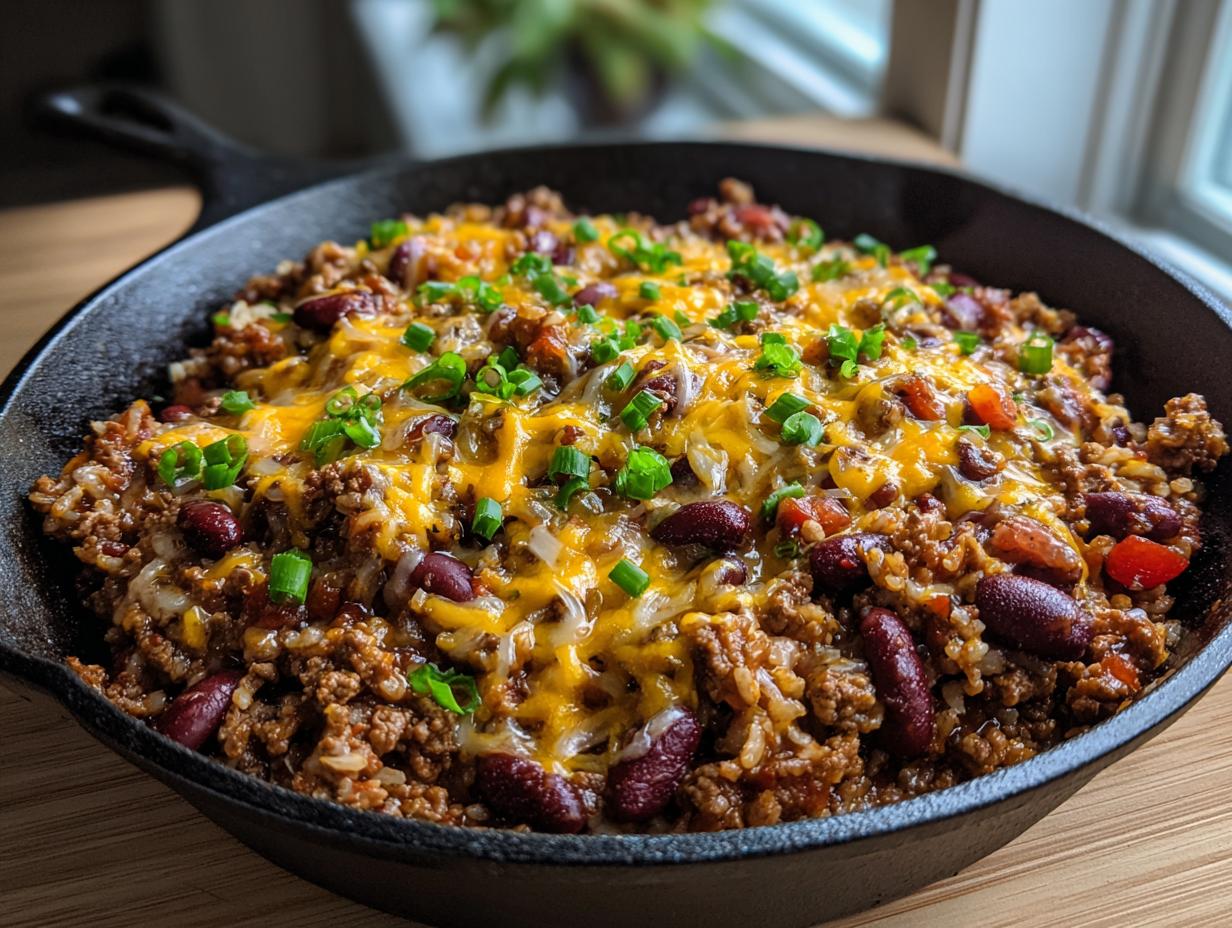 A hearty Beef Taco Skillet with ground beef, kidney beans, rice, melted cheese, and green onions in a cast iron pan.