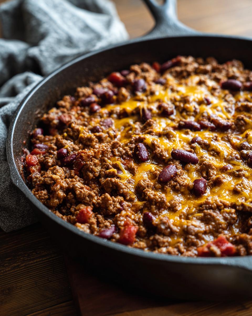 Close-up of a hearty Beef Taco Skillet with ground beef, kidney beans, and melted cheese, perfect for easy dinner recipes.