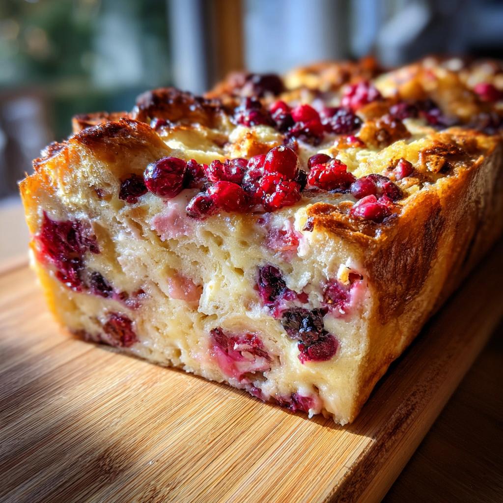A close-up of a Berry French Toast Bake, showcasing the golden-brown crust and vibrant red berries baked into the bread pudding.