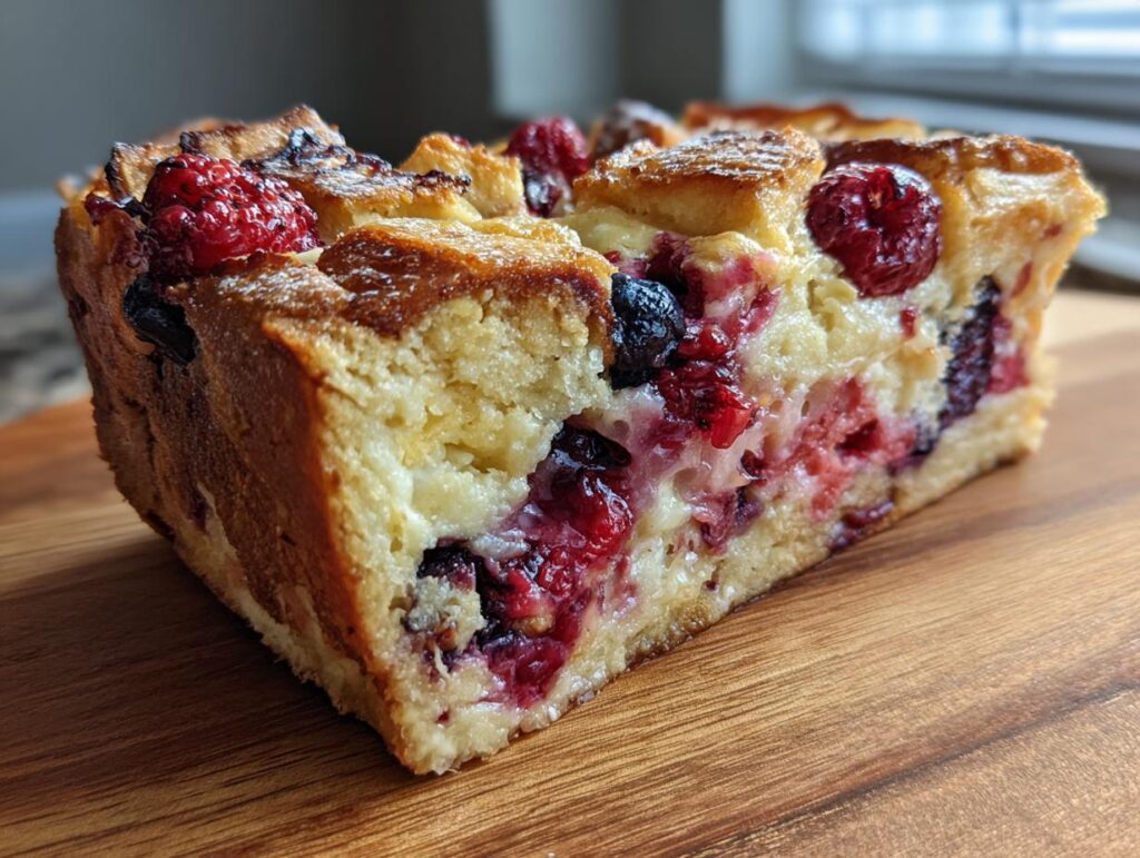 A slice of Berry French Toast Bake, showcasing a rich custard, bread cubes, and vibrant berries on a wooden board.