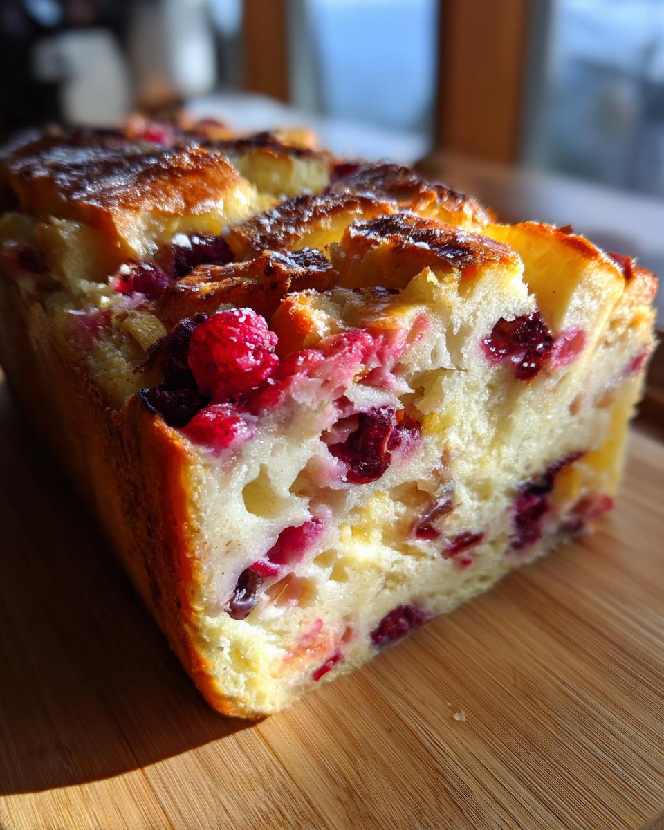 Close-up of a Berry French Toast Bake, a golden-brown loaf studded with bright red berries.