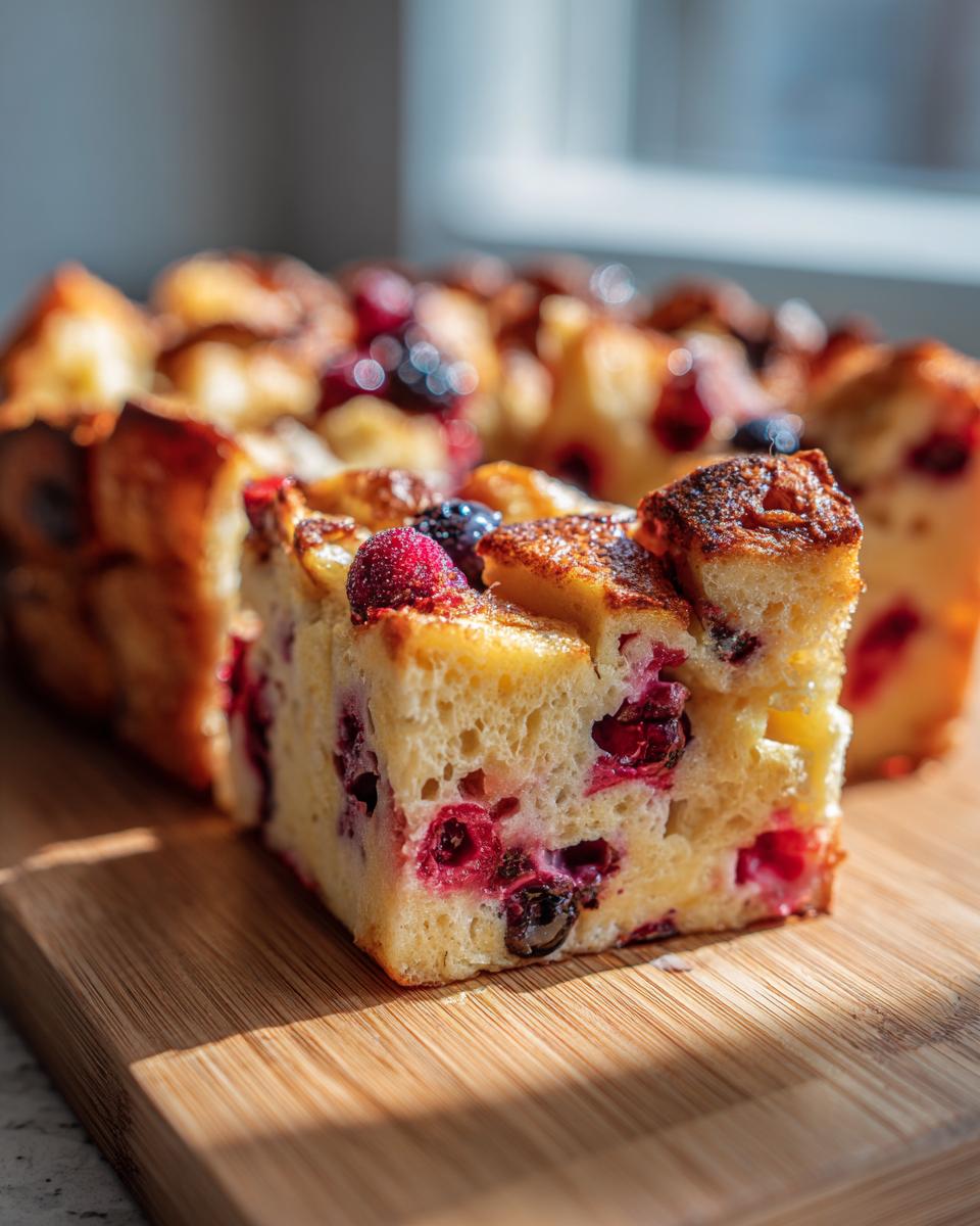 A slice of Berry French Toast Bake on a wooden board, showcasing fluffy bread with fresh berries.
