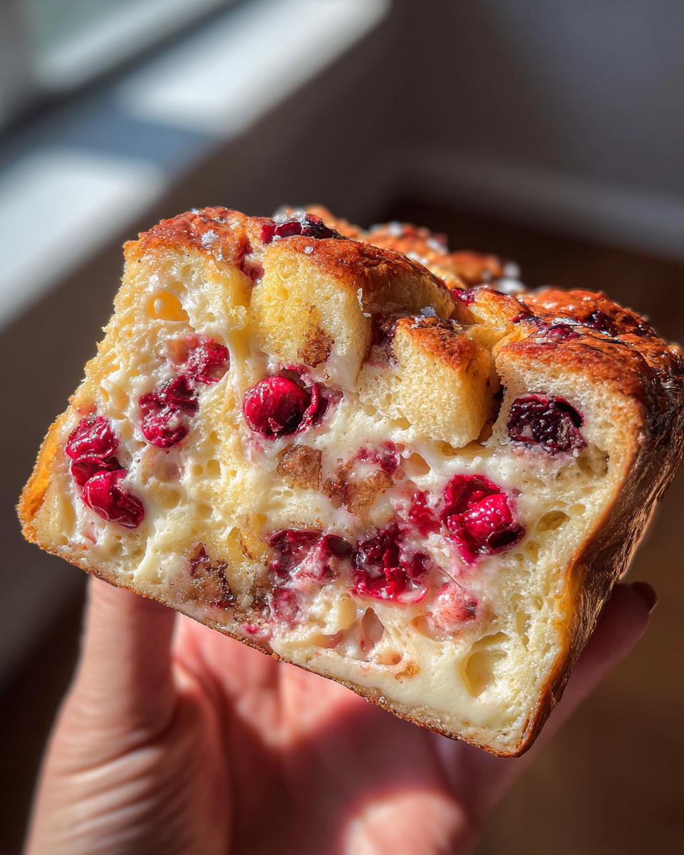 A hand holding a slice of Berry French Toast Bake, showcasing the creamy custard and bright red berries.