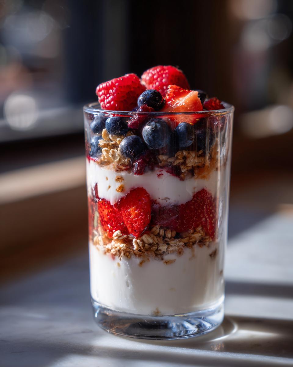 A tall glass filled with layers of yogurt, fresh strawberries, blueberries, raspberries, and crunchy granola.