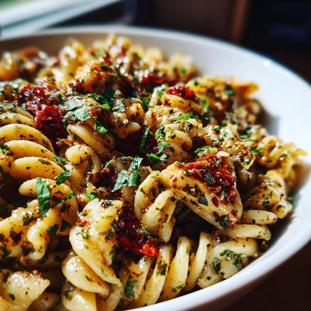 Close-up of fusilli pasta salad with sun-dried tomatoes and fresh herbs, a vibrant summer dish.