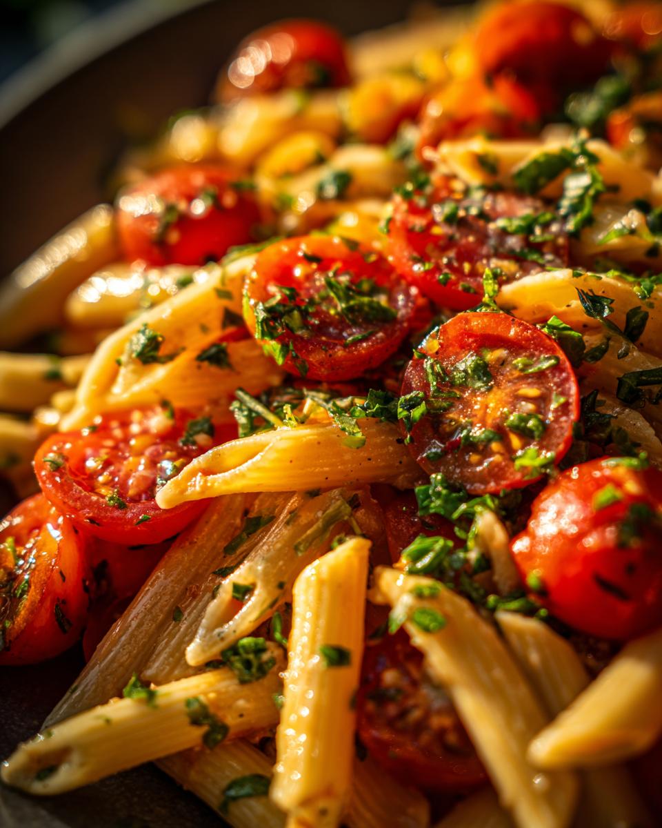 Close-up of a bright herb pasta salad with penne pasta, halved cherry tomatoes, and chopped parsley.