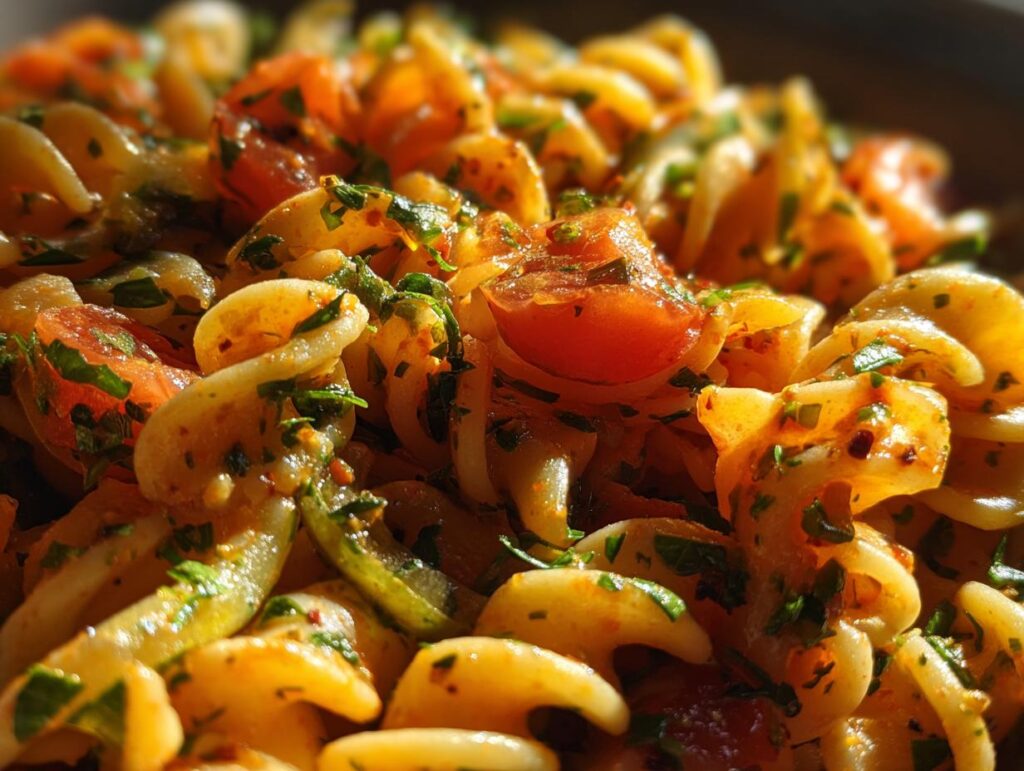 Close-up of a bright herb pasta salad with fusilli pasta, cherry tomatoes, and fresh herbs.