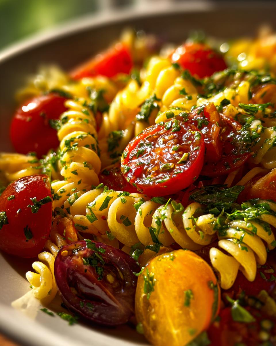 Close-up of a vibrant Summer Salad Recipe: Bright Herb Pasta Salad with cherry tomatoes and fresh herbs.