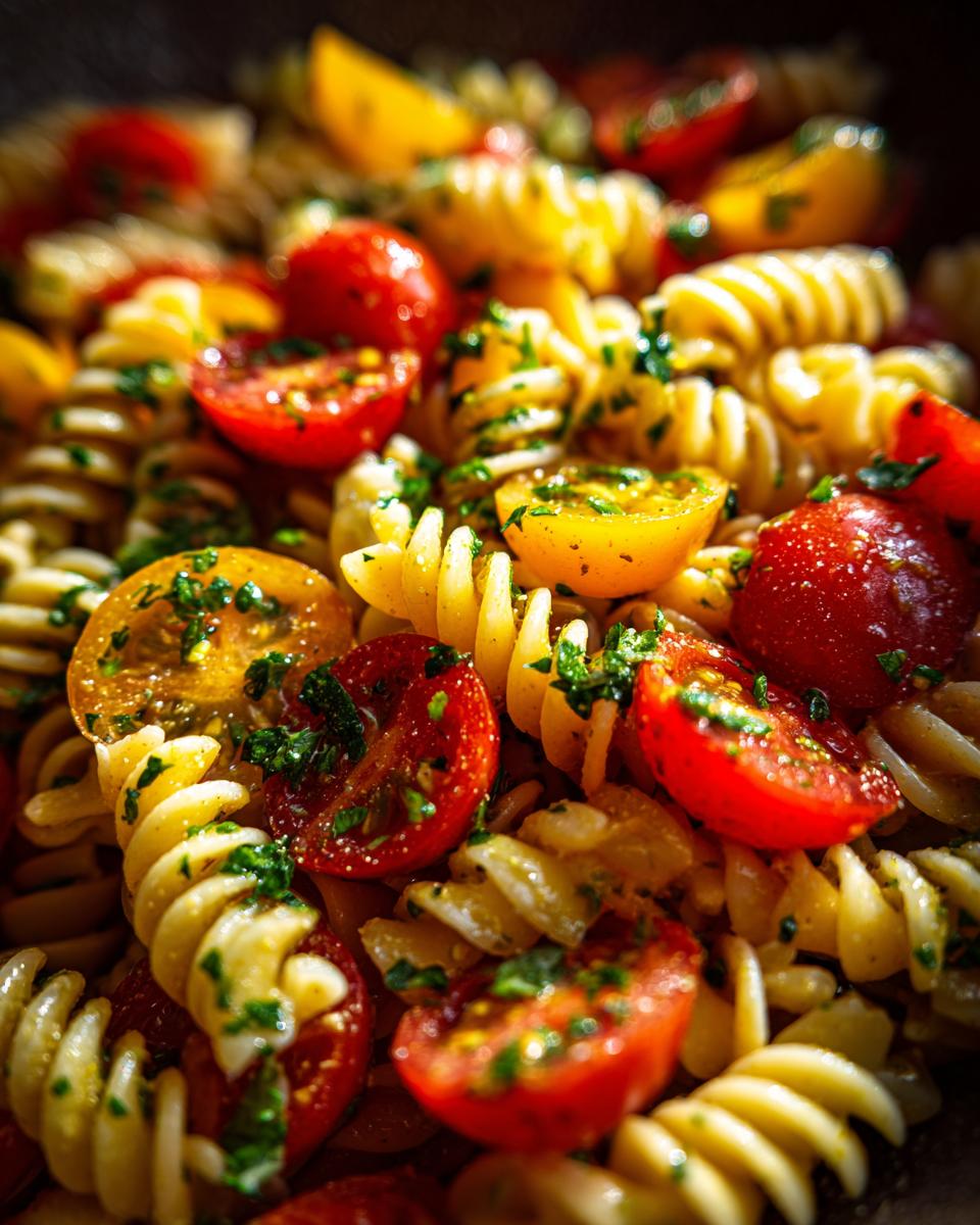 Close-up of a vibrant summer pasta salad with fusilli pasta, halved cherry tomatoes, and fresh herbs.