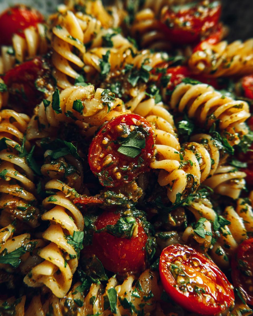 Close-up of a bright herb pasta salad with fusilli pasta, cherry tomatoes, and fresh parsley.