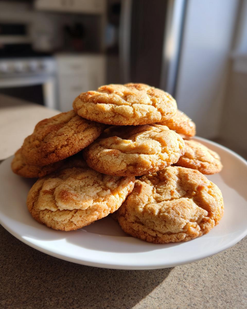 A stack of golden brown butter cookies on a white plate, showcasing their bakery-fresh appearance.