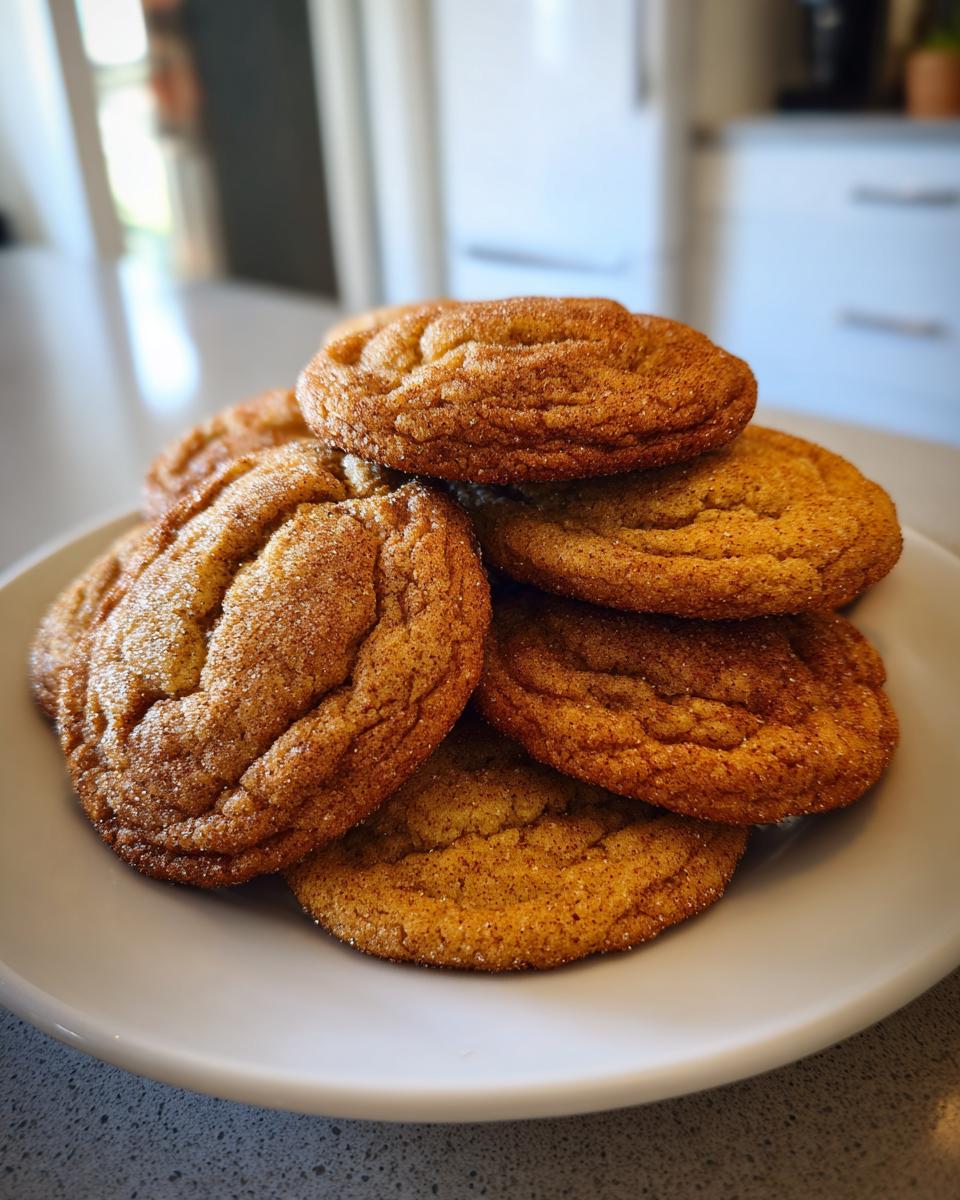 A stack of golden brown butter cookies, dusted with cinnamon sugar, on a white plate.