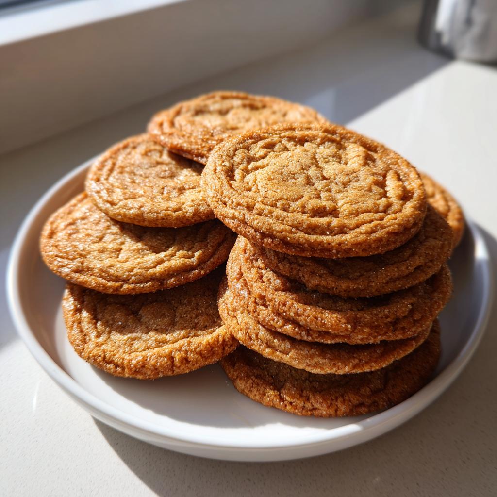 A stack of golden brown butter cookies with a slightly crinkled top, dusted with sugar.