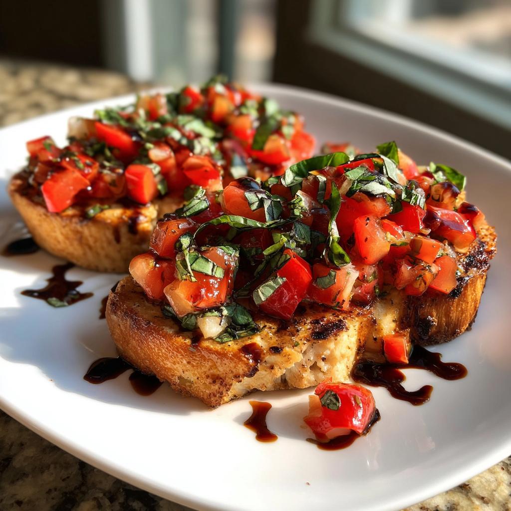 Two pieces of grilled chicken breast topped with fresh tomato, basil, and balsamic glaze, part of Chicken Breast Recipes That Keep Bruschetta Chicken Fresh and Light.