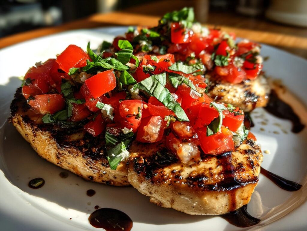 Close-up of grilled chicken breast topped with fresh tomato bruschetta and basil, a perfect example of chicken breast recipes.