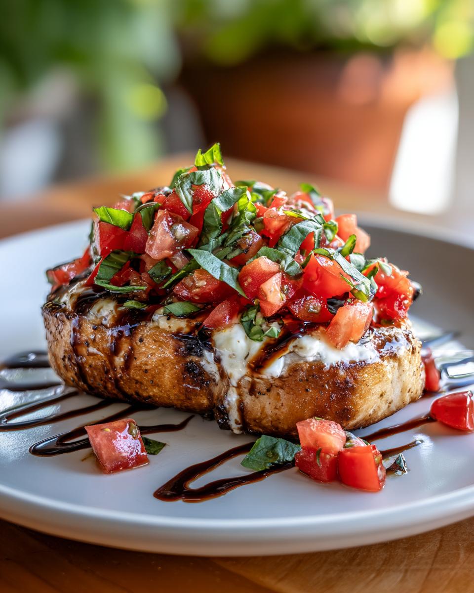 A close-up of bruschetta chicken breast topped with fresh tomatoes, basil, and mozzarella, drizzled with balsamic glaze.