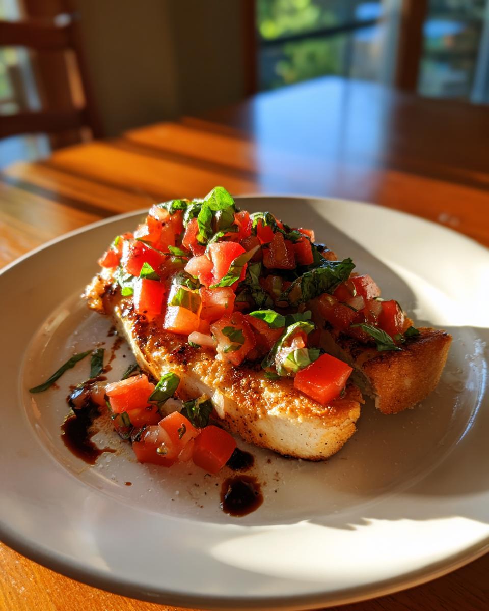 A piece of grilled chicken breast topped with fresh tomato and basil bruschetta, a light and flavorful dish.