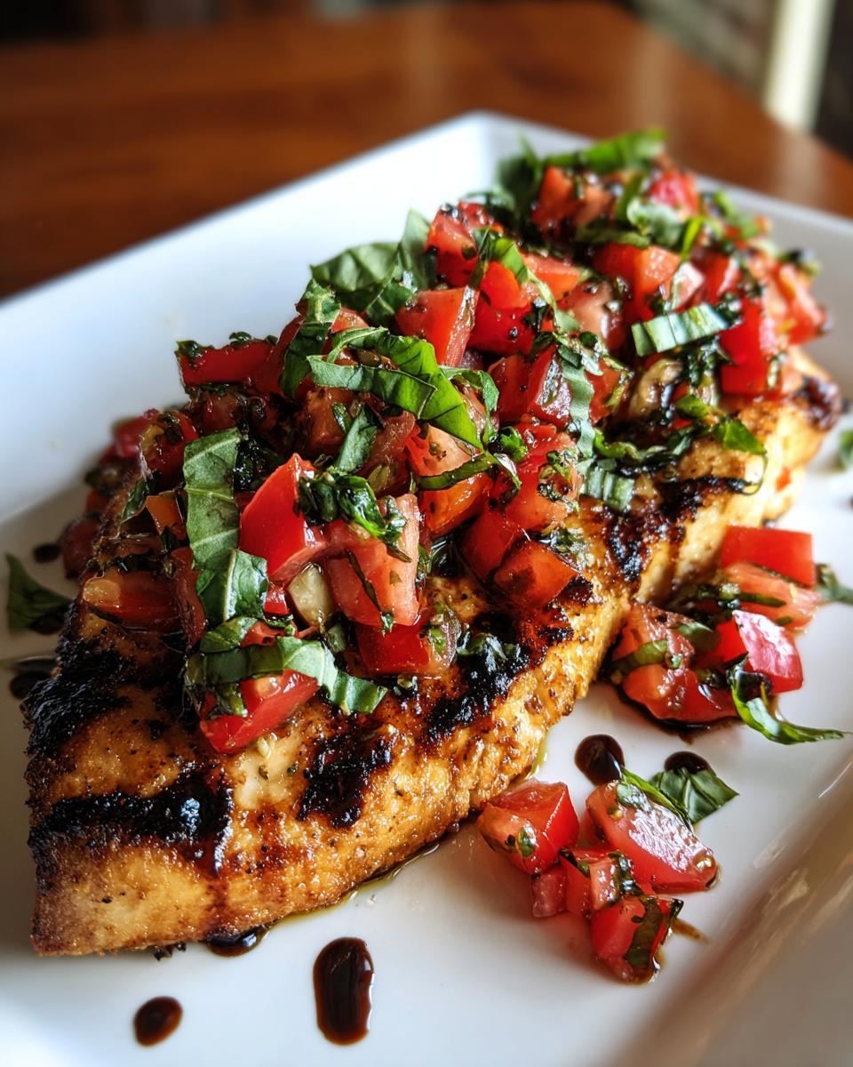A grilled chicken breast topped with fresh tomato and basil bruschetta, a light and flavorful dish.