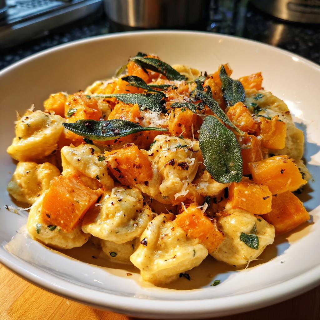 A close-up of pasta recipes for butternut squash pasta with crispy sage, featuring tender pasta coated in a creamy sauce with chunks of roasted butternut squash and fresh sage leaves.