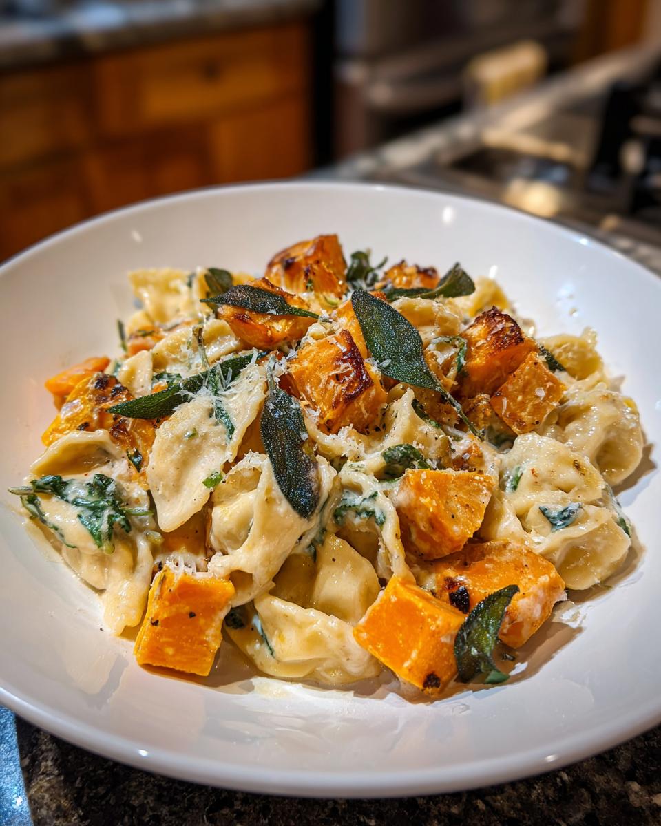 A close-up of a white bowl filled with pasta, roasted butternut squash cubes, and crispy sage leaves.
