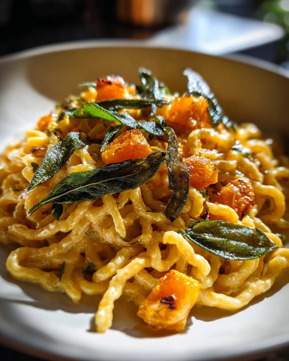 Close-up of pasta recipes for butternut squash pasta with crispy sage, featuring golden pasta, roasted squash, and fresh sage leaves.