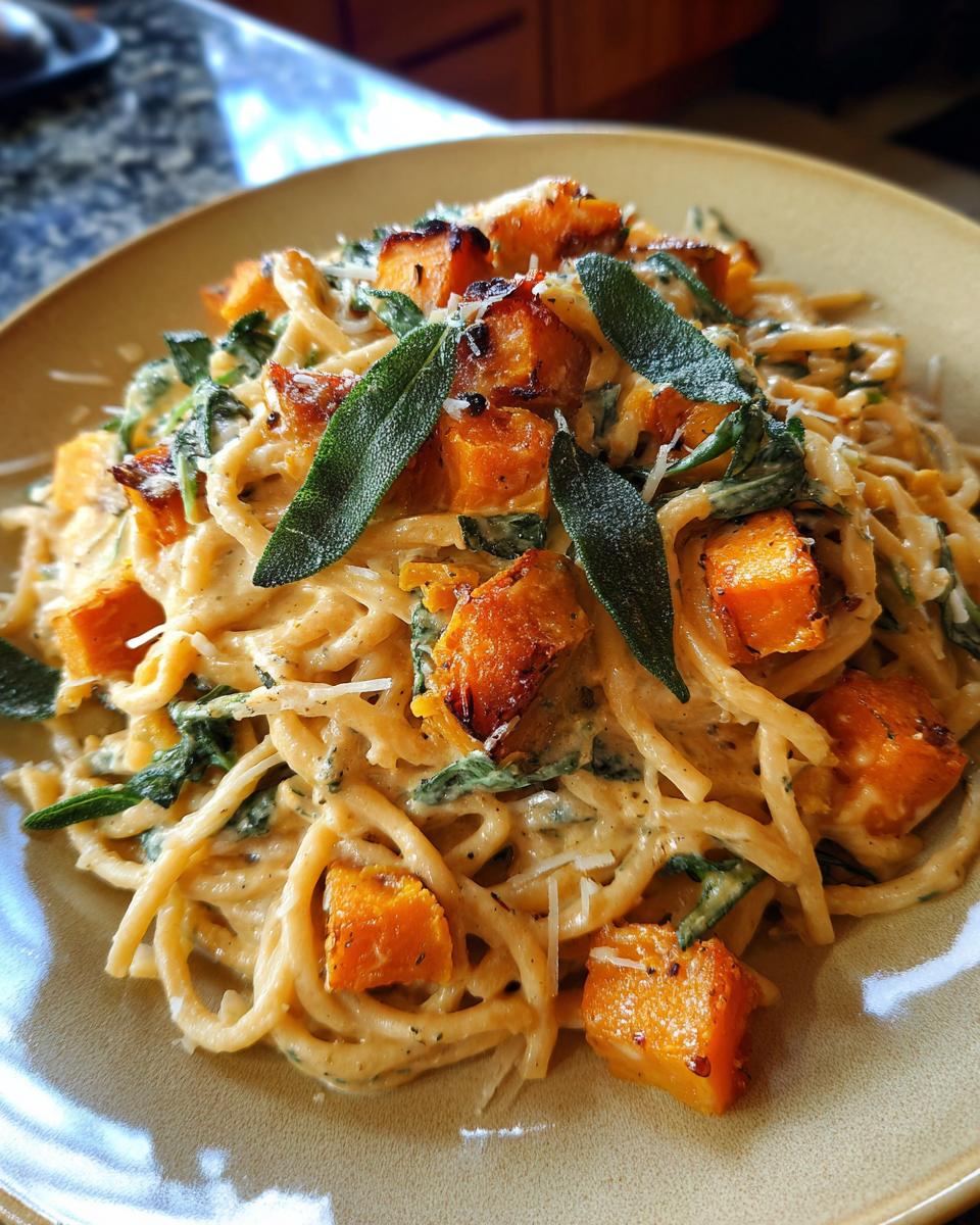 Close-up of a creamy butternut squash pasta dish topped with roasted butternut squash cubes and crispy sage leaves.