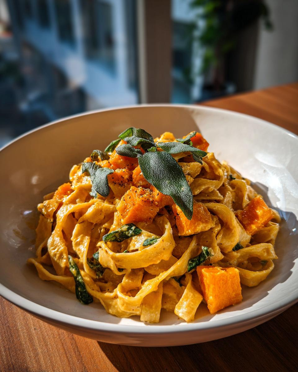 A bowl of fettuccine pasta with butternut squash and crispy sage, a delicious pasta recipe.