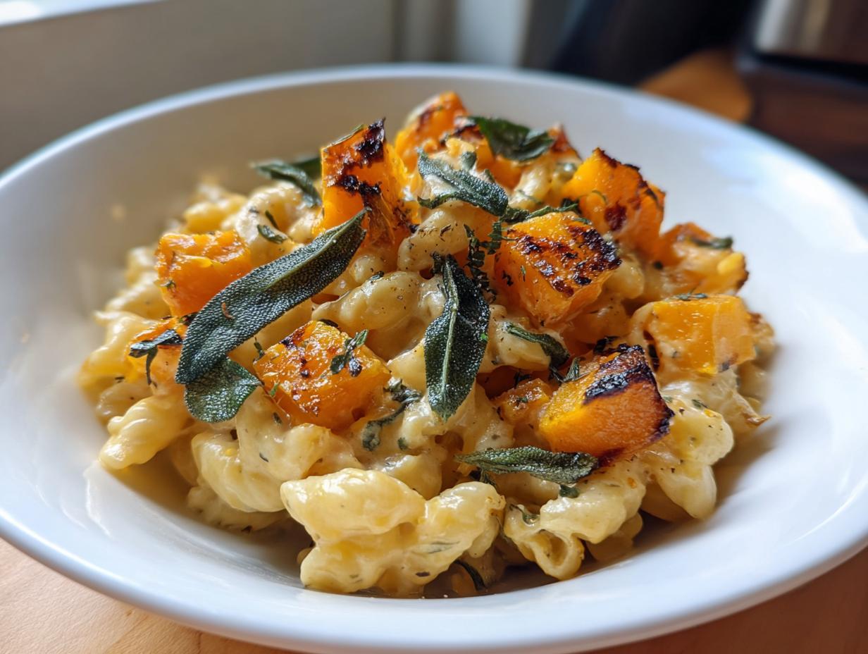 A bowl of creamy pasta recipes for butternut squash pasta with crispy sage, topped with roasted butternut squash cubes and sage leaves.