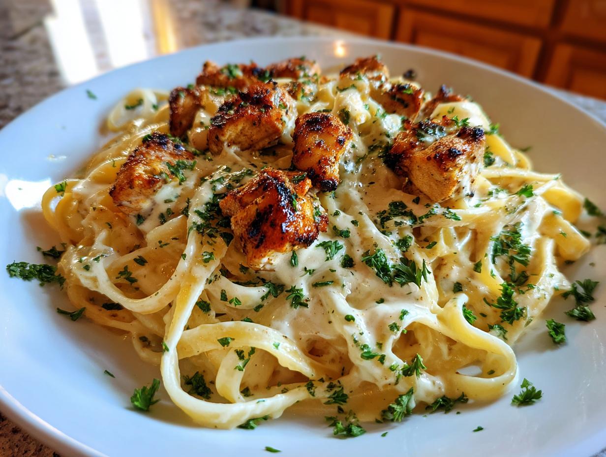 A plate of fettuccine pasta with creamy Alfredo sauce, topped with seasoned Cajun chicken breast pieces and fresh parsley.