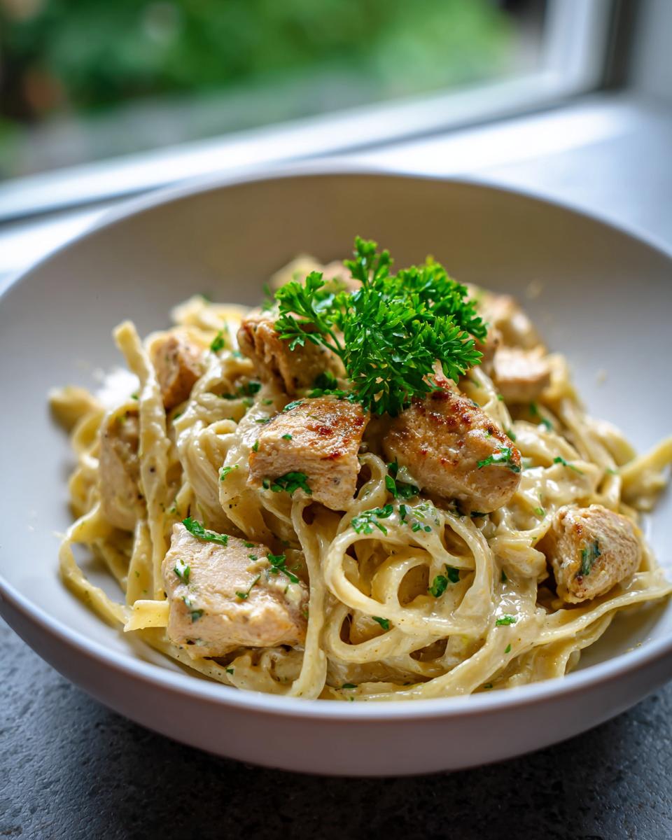A bowl of creamy fettuccine pasta topped with seasoned Cajun chicken breast pieces and fresh parsley.