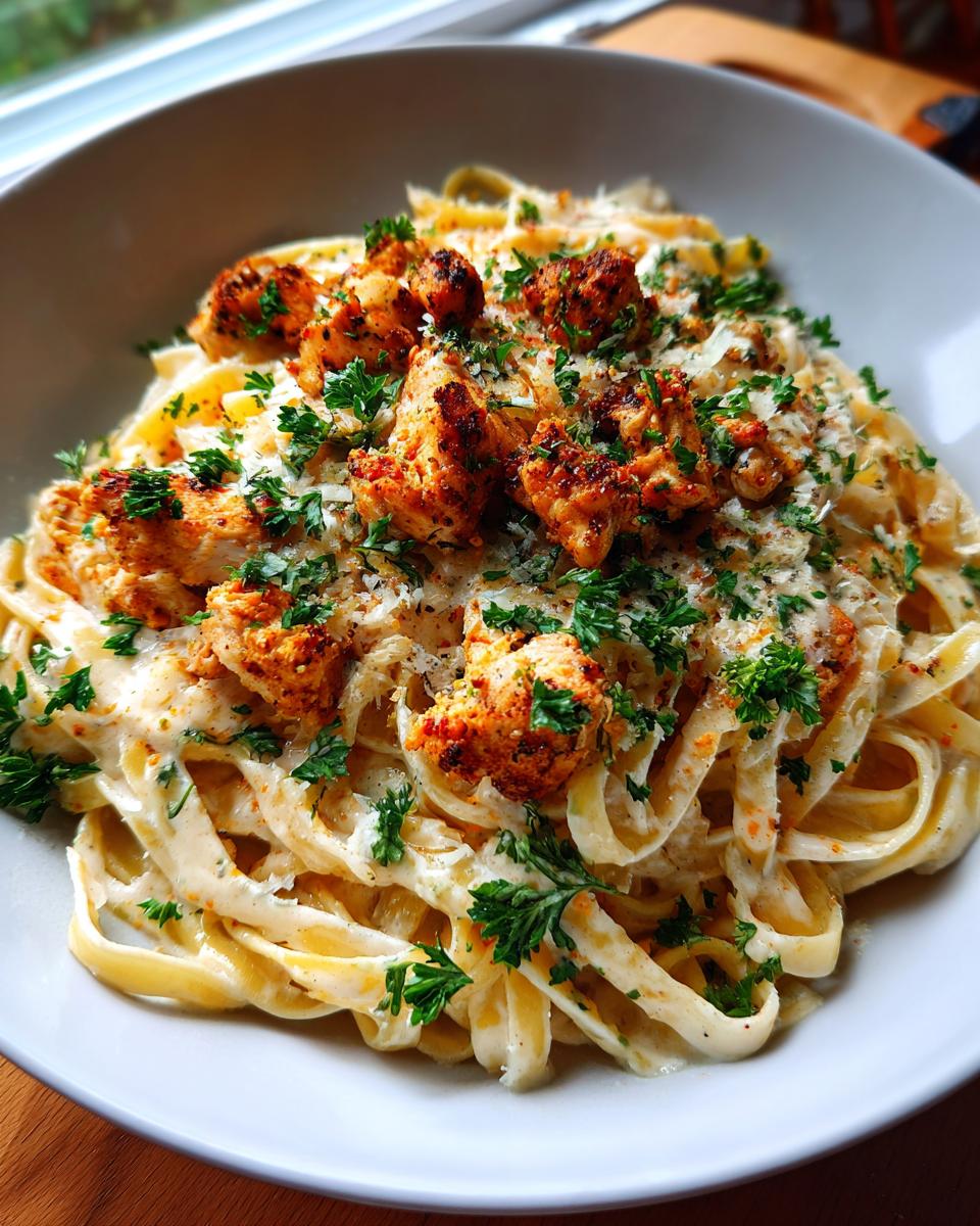 A bowl of fettuccine pasta topped with creamy Alfredo sauce and seasoned Cajun chicken pieces, garnished with parsley.