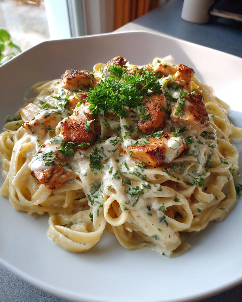 A close-up of fettuccine pasta with creamy Alfredo sauce, topped with seasoned Cajun chicken pieces and fresh parsley.