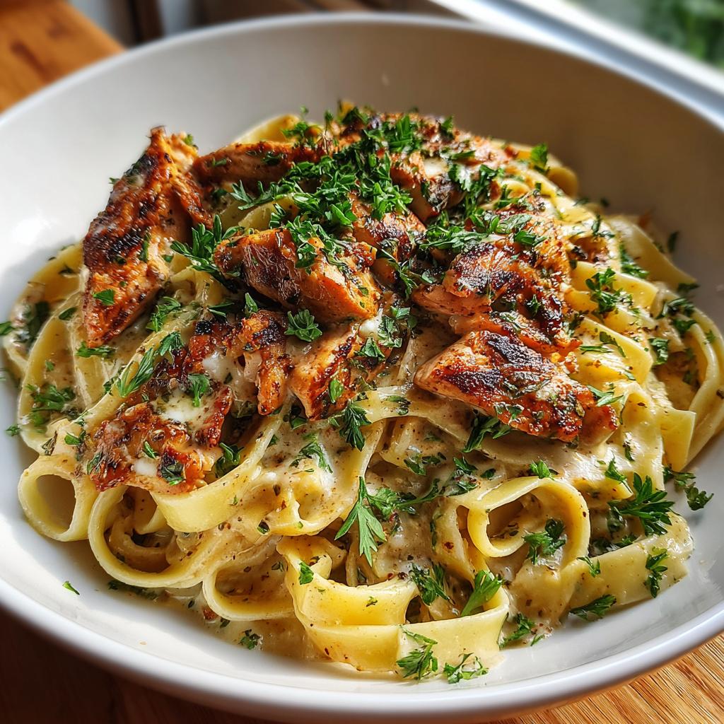 A bowl of fettuccine pasta with creamy Alfredo sauce topped with grilled Cajun chicken breast and fresh parsley.